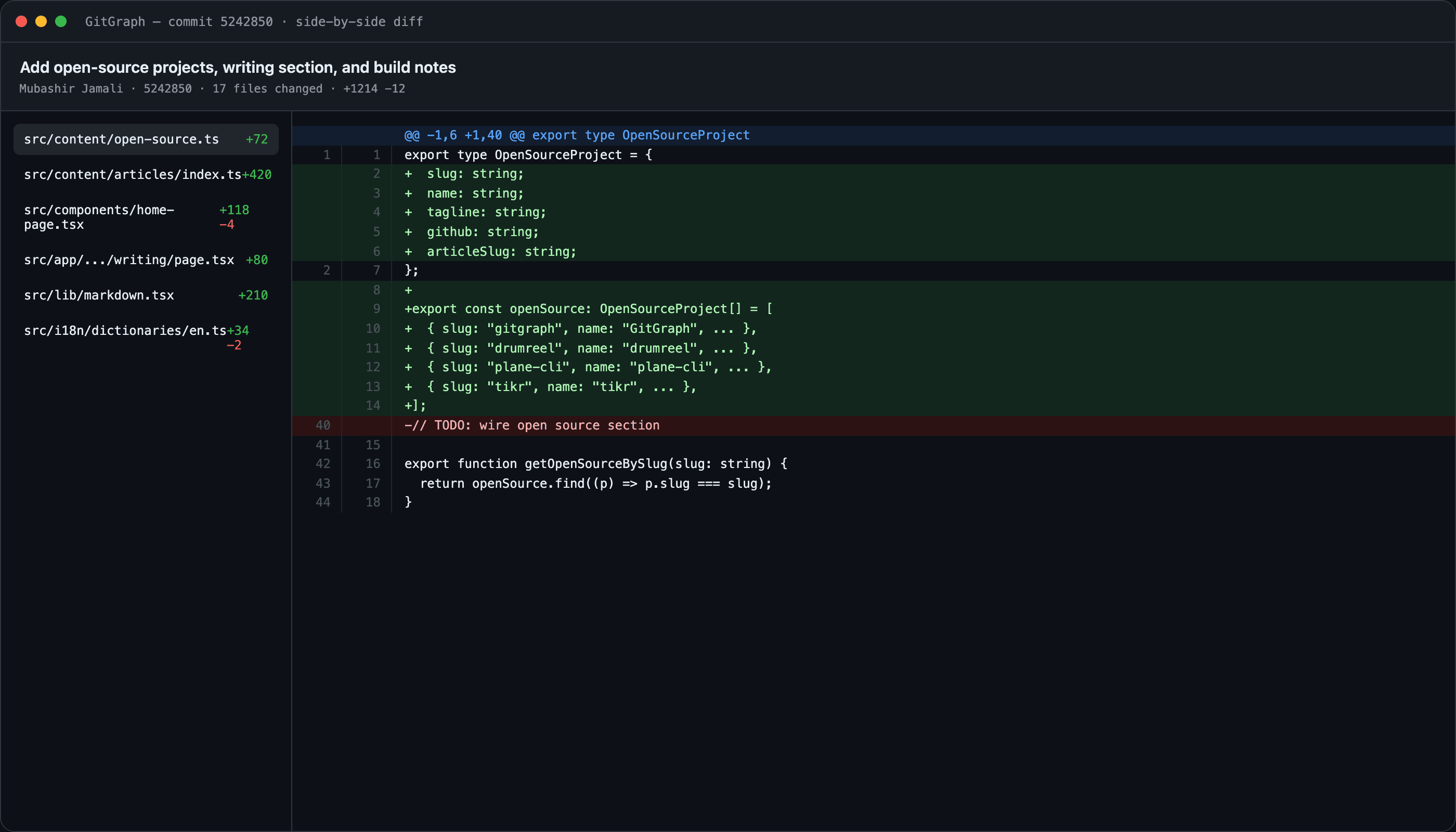 GitGraph side-by-side diff view