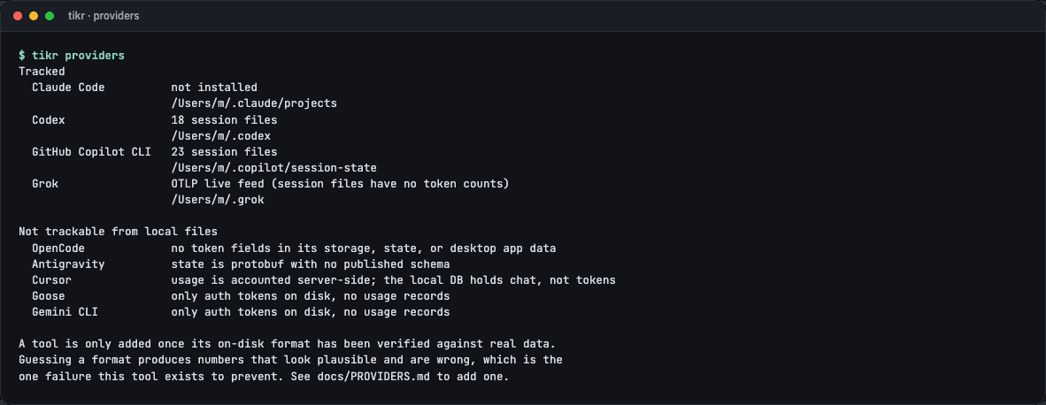 tikr providers mit Claude Code, Codex, Copilot CLI und Grok