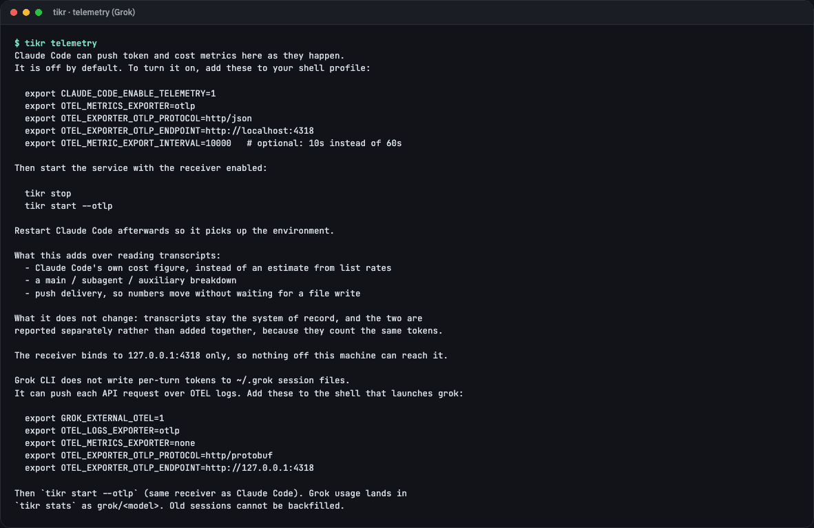 tikr telemetry für Claude Code und Grok