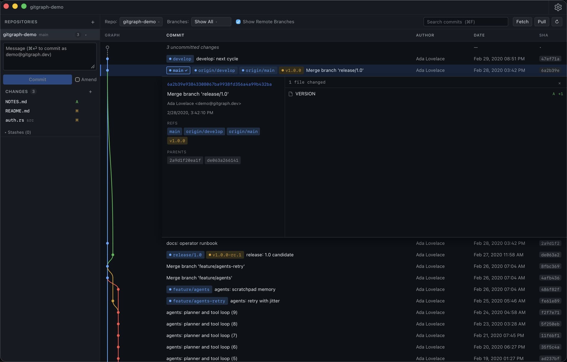 Panel de commit de GitGraph con árbol de archivos
