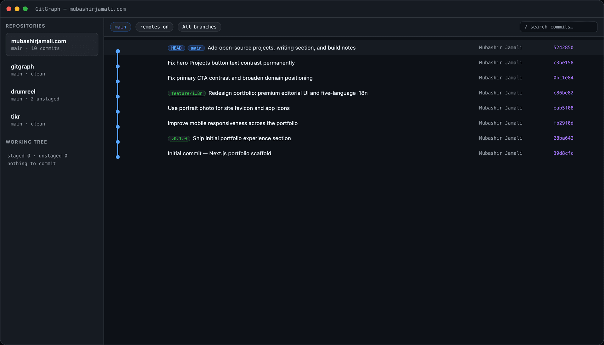 GitGraph main window with commit graph and repository sidebar